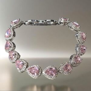 Silver Plated Girly Pink Teardrop Zircon Pave Crystal Bracelet